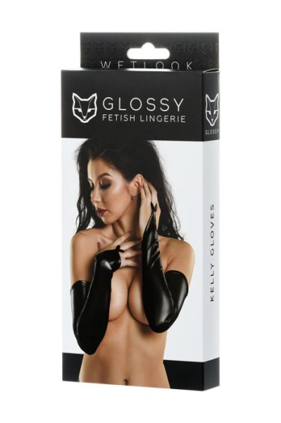Перчатки Glossy из материала Wetlook, черный — S(955018)